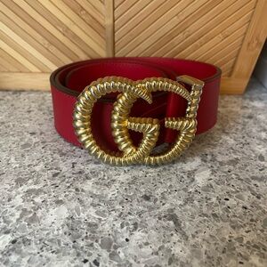 Red Leather Belt with Gold Buckle